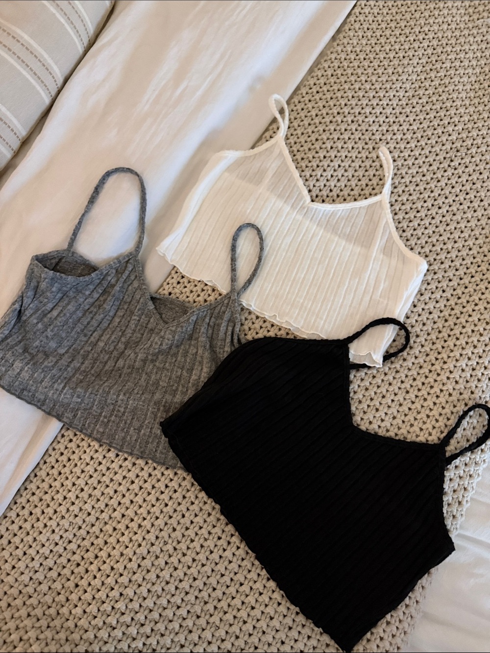 Ribbed Spaghetti Strap Crop Tank - White, Gray & Black